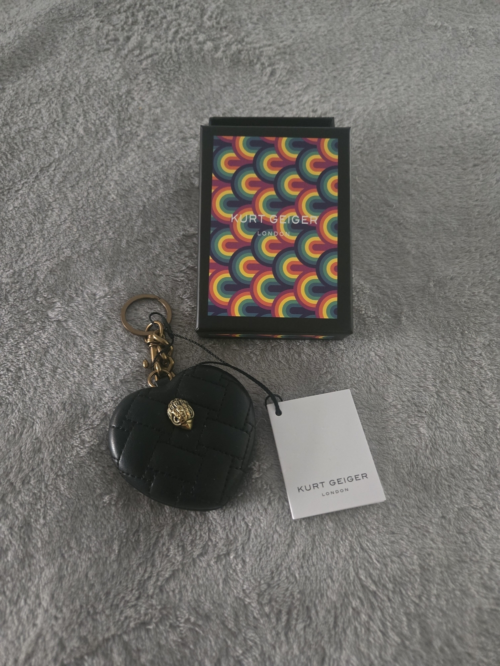 Kurt Geiger Black Quilted Heart Keyring with Gold Tone Hardware